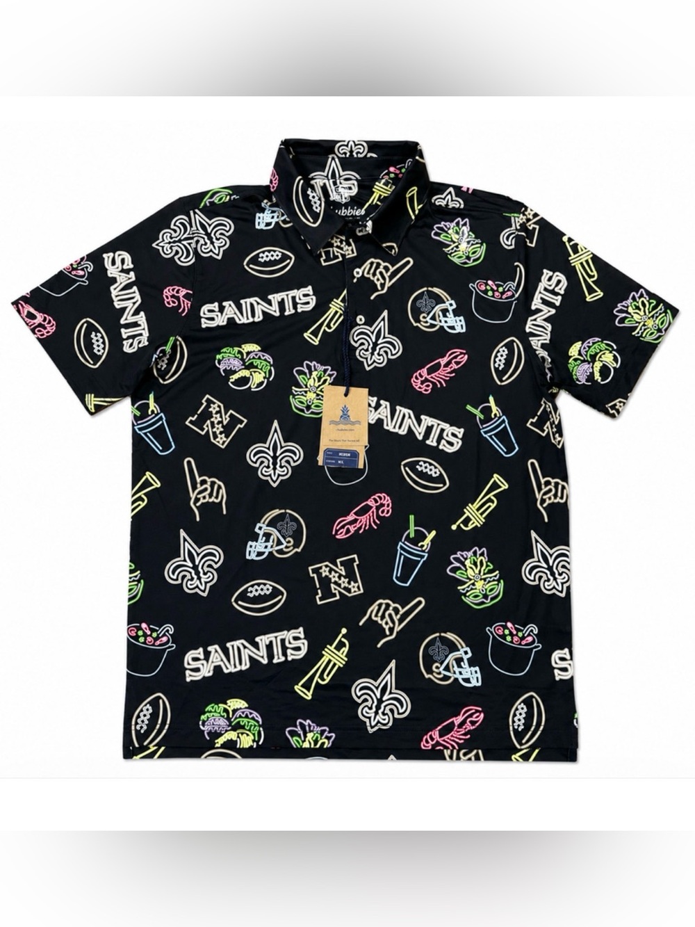 CHUBBIES BLACK NEON GRAPHIC NFL NEW ORLEANS SAINTS PERFORMANCE POLO SHIRT SZ M